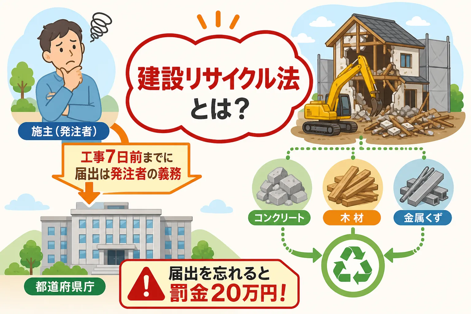 日本の木造住宅・空き家の解体現場を写実的に描いたビジュアル。重機・養生シート・整地後の更地など。基調色は #9a0300。実在する企業のロゴ・看板・車体・人物の顔は描かない。画像内に文字を入れない(図