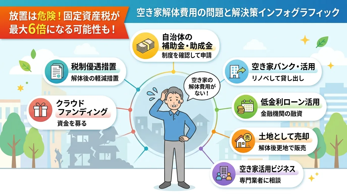 日本人と現代日本の風景, インフォグラフィック、フラットデザイン。中央に「空き家の解体費用がない！」と悩む人物。その周りを「補助金」「ローン」「売却」など7つの解決策を示すアイコンが囲む。背景には「放