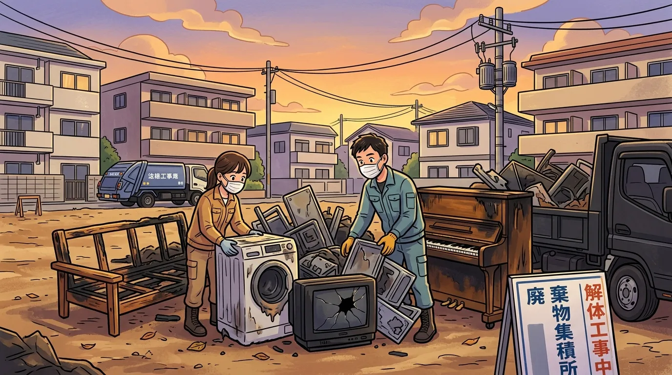 燃えてしまった家具や家電が、解体前の更地にまとめられている写真。一般廃棄物のイメージを伝える。]