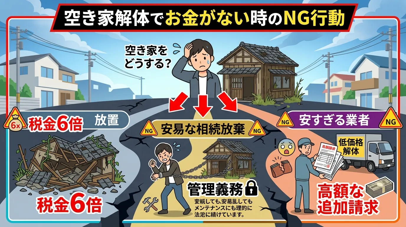日本人と現代日本の風景, 「空き家解体でお金がない時のNG行動」というタイトルのインフォグラフィック。中央に困った表情の人物と古い空き家を配置し、そこから下に3つの危険な道が伸びる構図。左の道は「放置