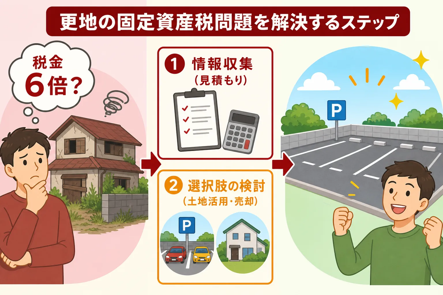 日本の木造住宅・空き家の解体現場を写実的に描いたビジュアル。重機・養生シート・整地後の更地など。基調色は #9a0300。実在する企業のロゴ・看板・車体・人物の顔は描かない。画像内に文字を入れない（図