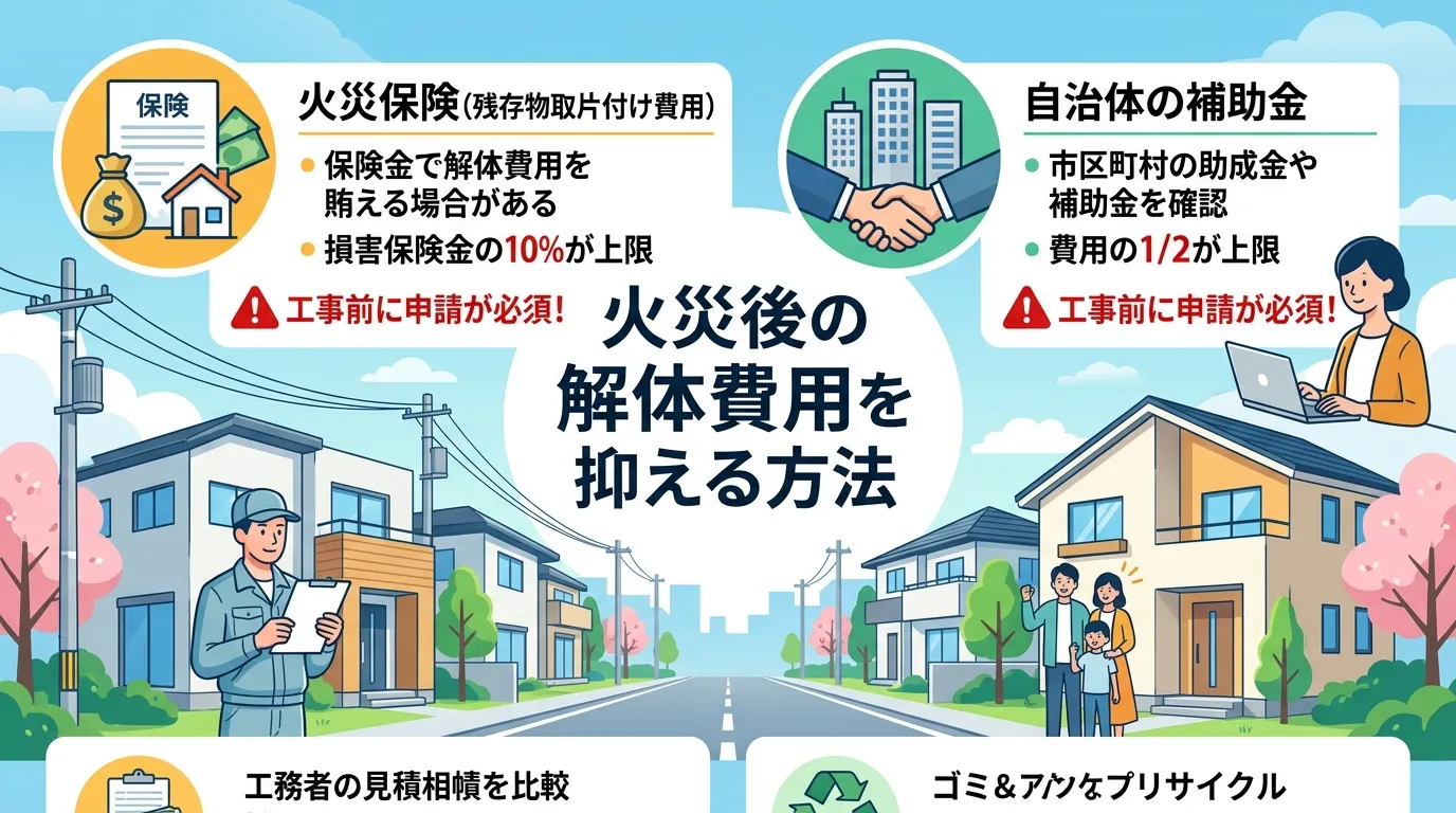 日本人と現代日本の風景, インフォグラフィック、デジタルイラスト、フラットデザイン。「火災後の解体費用を抑える方法」というテーマで、中央にタイトルを配置。その周りに「火災保険（残存物取片付け費用）」と