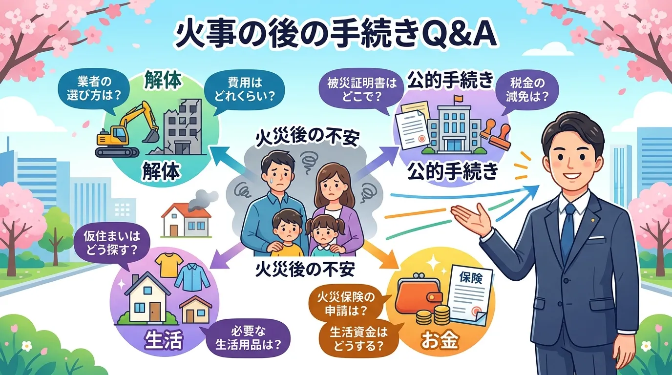 日本人と現代日本の風景, 「火事の後の手続きQ&A」というタイトルのインフォグラフィック。中央に困った表情の家族と「火災後の不安」という文字を配置。そこから放射状に「解体」「公的手続き」「お金」「生活