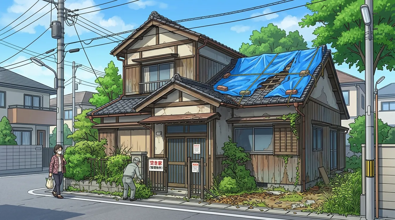 屋根の一部が破損し、ブルーシートで応急処置されている空き家の写真。管理の具体例として示す。]