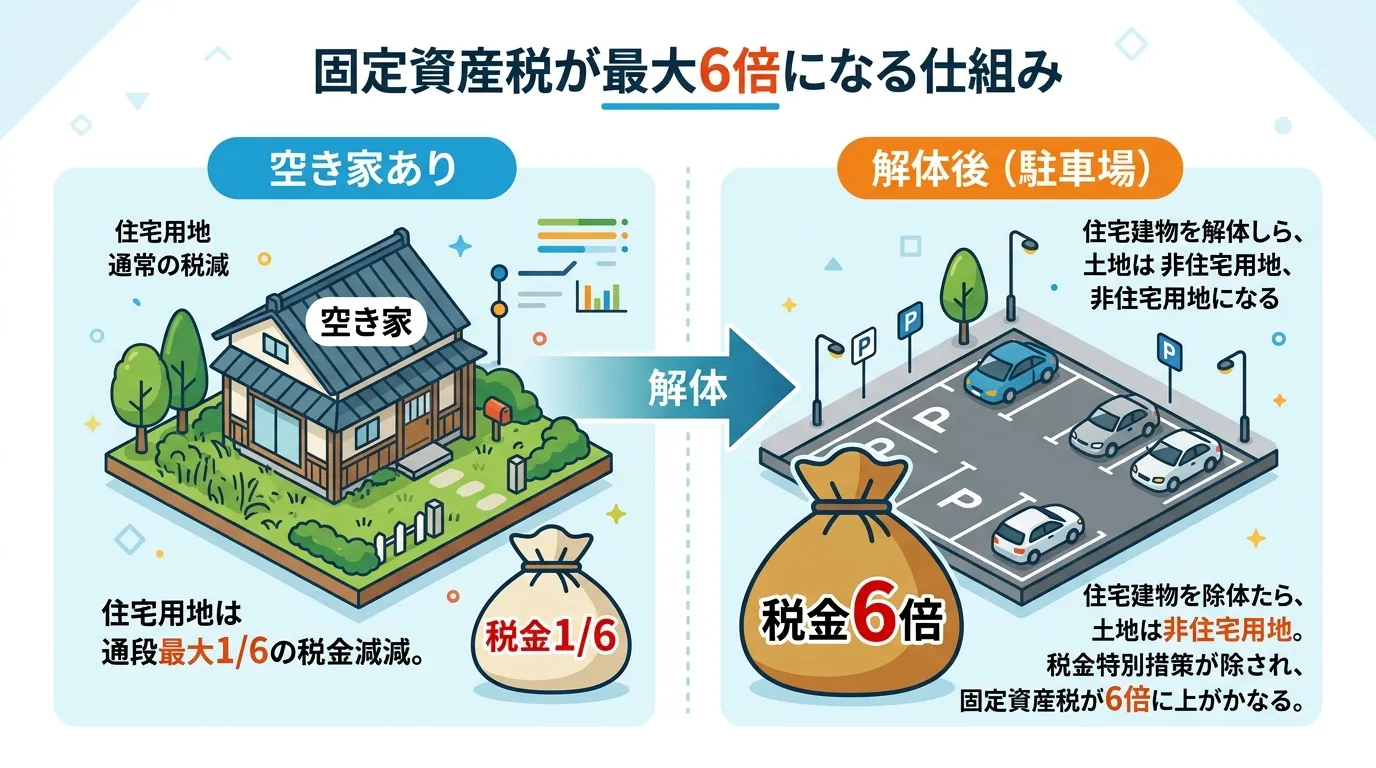 日本人と現代日本の風景, 固定資産税の仕組みを解説するインフォグラフィック。左右に並べた比較図。左側は「空き家あり」の状態で、家のイラストと「税金1/6」と書かれた小さな税金の袋を配置。右側は「解体後