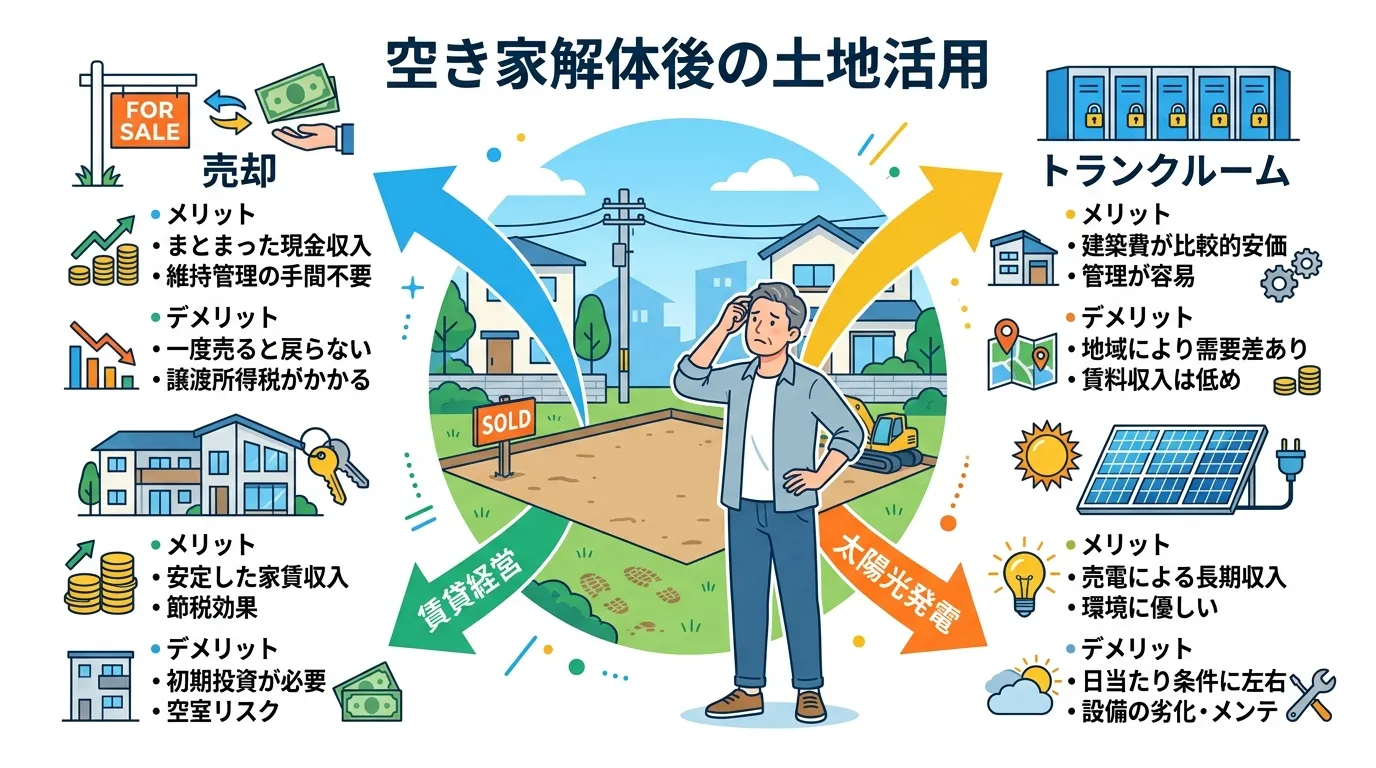 日本人と現代日本の風景, 「空き家解体後の土地活用」をテーマにしたインフォグラフィック。中央に更地と悩む人物のイラストを配置し、そこから「売却」「賃貸経営」「トランクルーム」「太陽光発電」の4つの選択