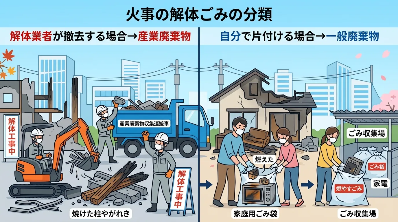 日本人と現代日本の風景, 「火事の解体ごみの分類」をテーマにしたインフォグラフィック。画面を縦に2分割した比較図。左側に「解体業者が撤去する場合&rarr;産業廃棄物」と記載し、作業員と焼けた柱やがれきのイラス