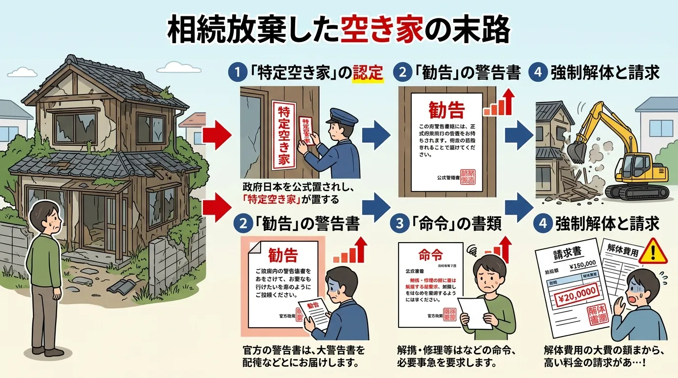 日本人と現代日本の風景, インフォグラフィック、ステップ図。「相続放棄した空き家の末路」というタイトル。左に放置され崩れかけた家があり、右に向かって①「特定空き家」のレッテル、②「勧告」の警告書、③「