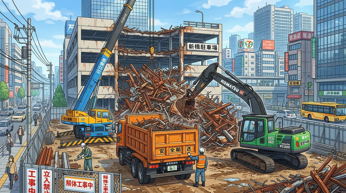 解体中の立体駐車場から出る鉄骨（スクラップ）の山]