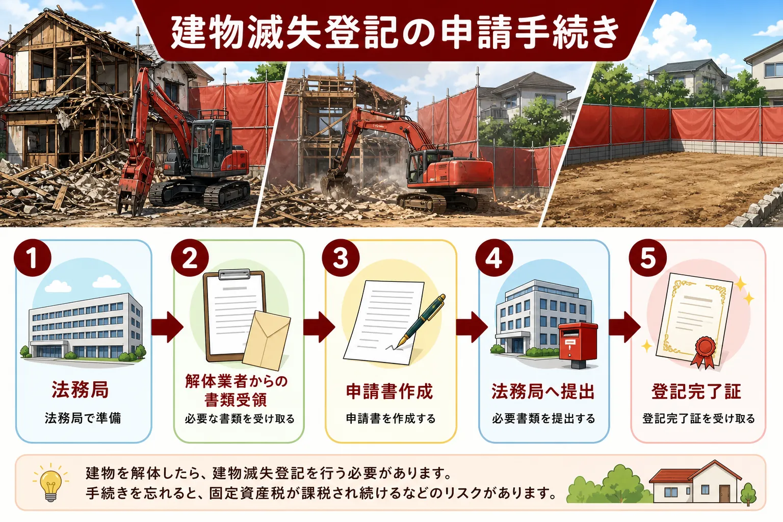 日本の木造住宅・空き家の解体現場を写実的に描いたビジュアル。重機・養生シート・整地後の更地など。基調色は #9a0300。実在する企業のロゴ・看板・車体・人物の顔は描かない。画像内に文字を入れない（図