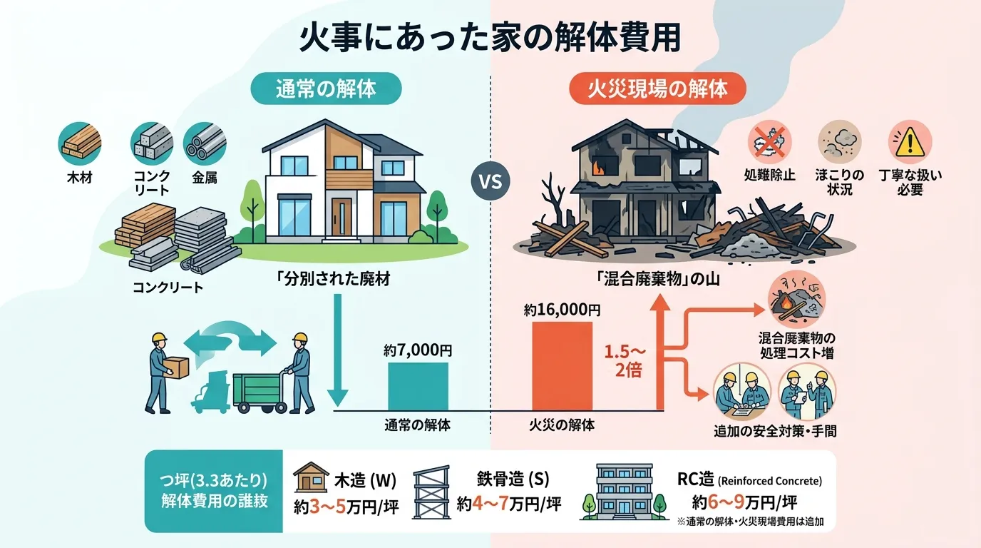 日本人と現代日本の風景, 「火事にあった家の解体費用」をテーマにしたインフォグラフィック。デジタルイラスト、フラットデザイン。画面を左右に分割し、左に「通常の解体」（健全な家、分別された廃材）、右に「