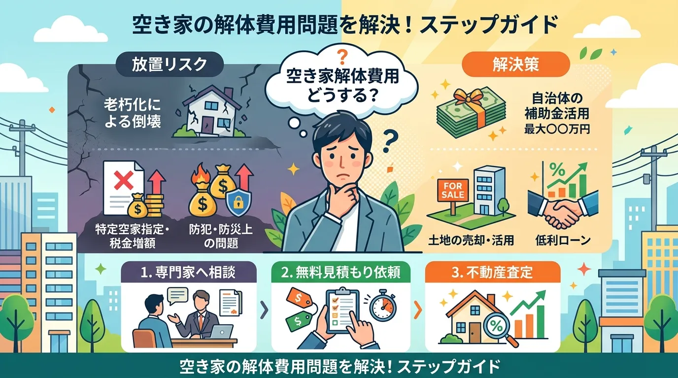 日本人と現代日本の風景, 空き家の解体費用問題を解決するステップを示すインフォグラフィック。中央に悩む人物を配置し、左に「放置リスク（倒壊した家、税金増）」を暗い色で、右に「解決策（補助金、売却）」を