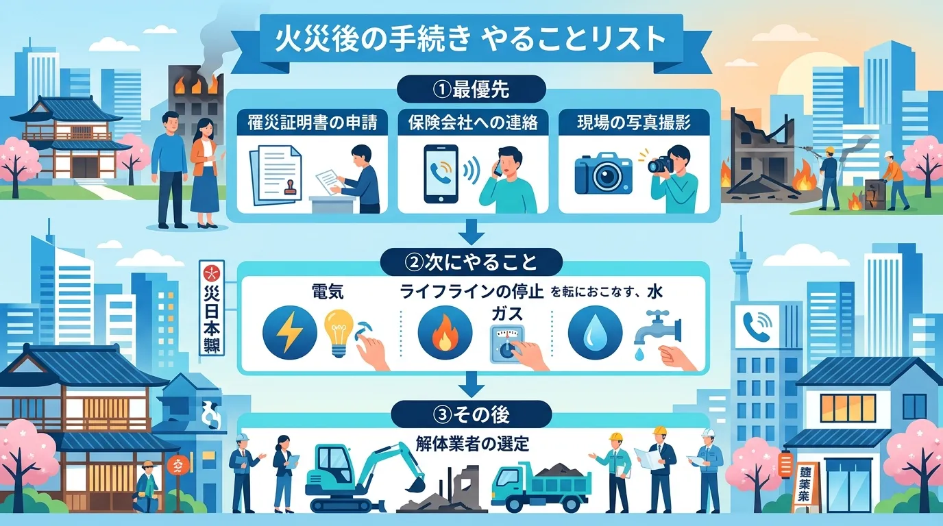 日本人と現代日本の風景, 火災後の手続きを時系列で示すインフォグラフィック。タイトルは「火災後の手続き やることリスト」。上から下に3つのステップを矢印で繋ぐフローチャート形式。①最優先：「罹災証明書