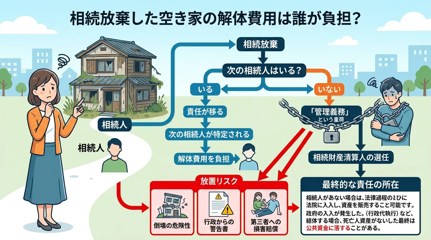 日本人と現代日本の風景, 「相続放棄した空き家の解体費用は誰が負担？」というテーマのインフォグラフィック。困り顔の人物と古い家から始まるフローチャート図で、「相続放棄」後の分岐を描く。「次の相続人はい
