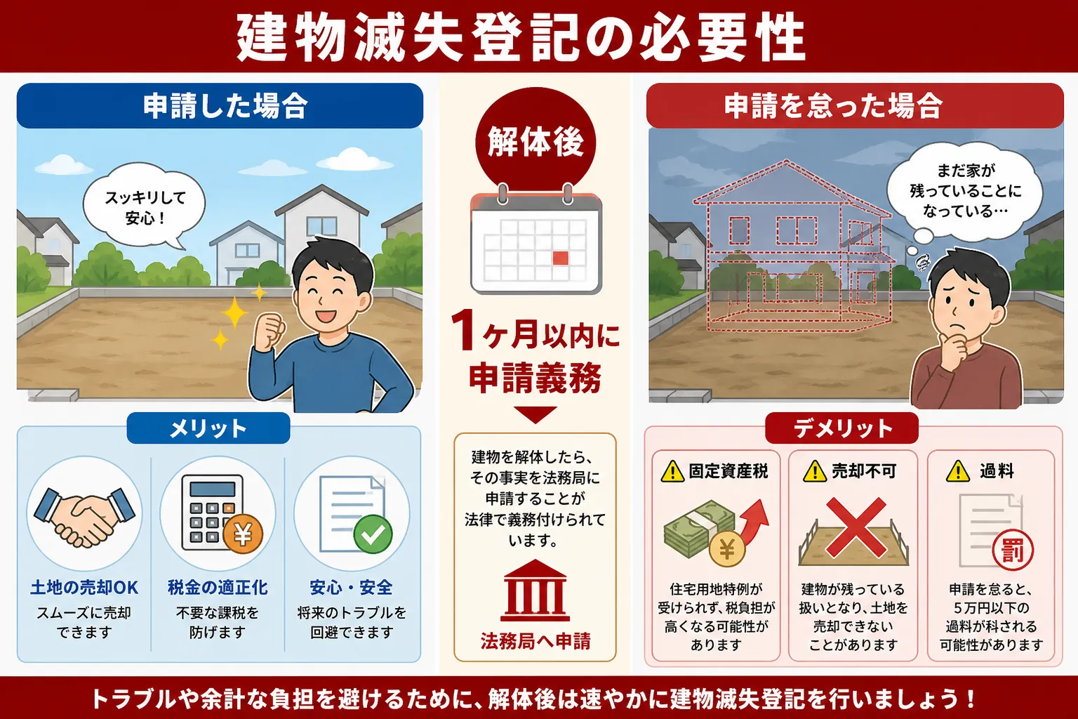 日本の木造住宅・空き家の解体現場を写実的に描いたビジュアル。重機・養生シート・整地後の更地など。基調色は #9a0300。実在する企業のロゴ・看板・車体・人物の顔は描かない。画像内に文字を入れない（図
