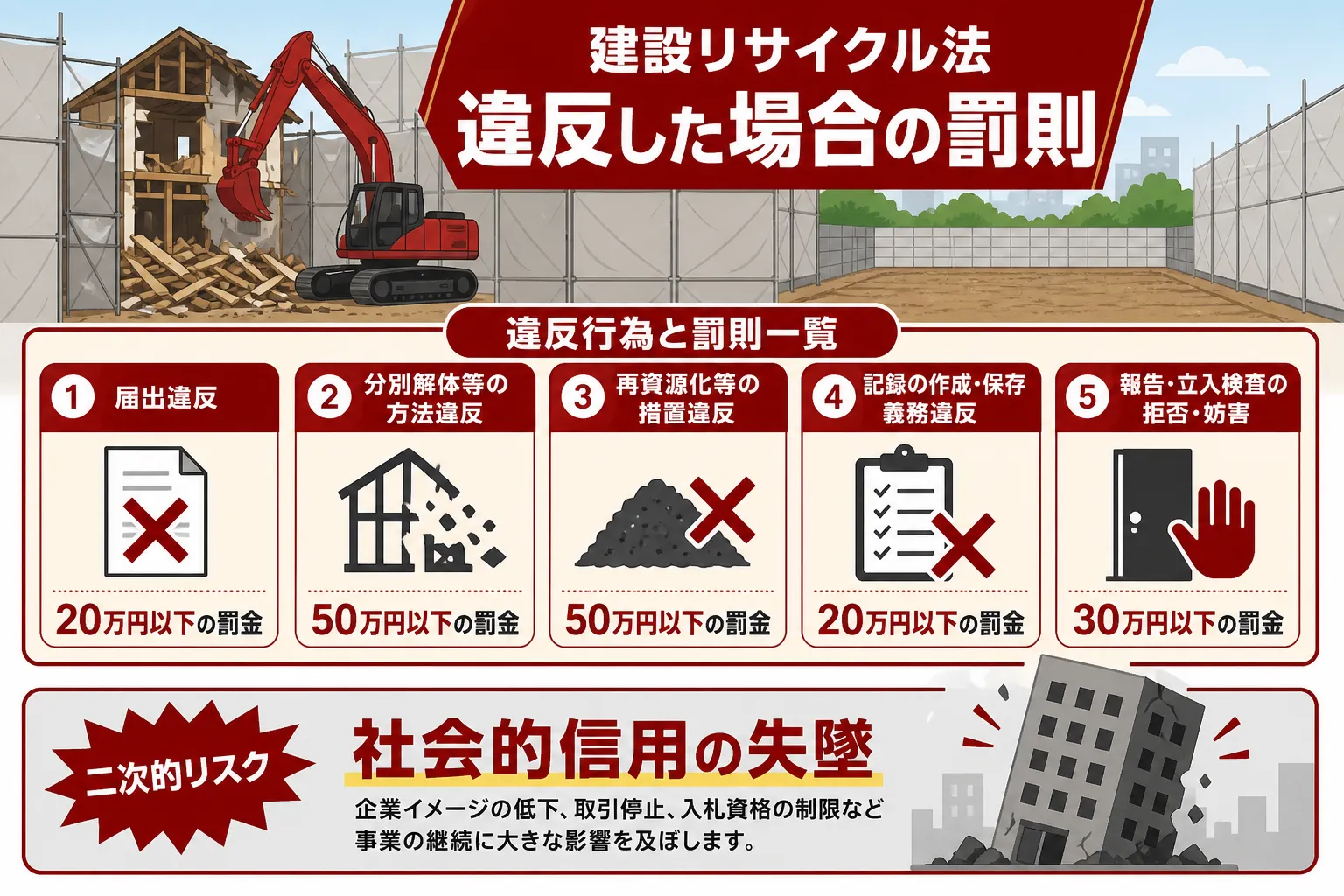 日本の木造住宅・空き家の解体現場を写実的に描いたビジュアル。重機・養生シート・整地後の更地など。基調色は #9a0300。実在する企業のロゴ・看板・車体・人物の顔は描かない。画像内に文字を入れない（図