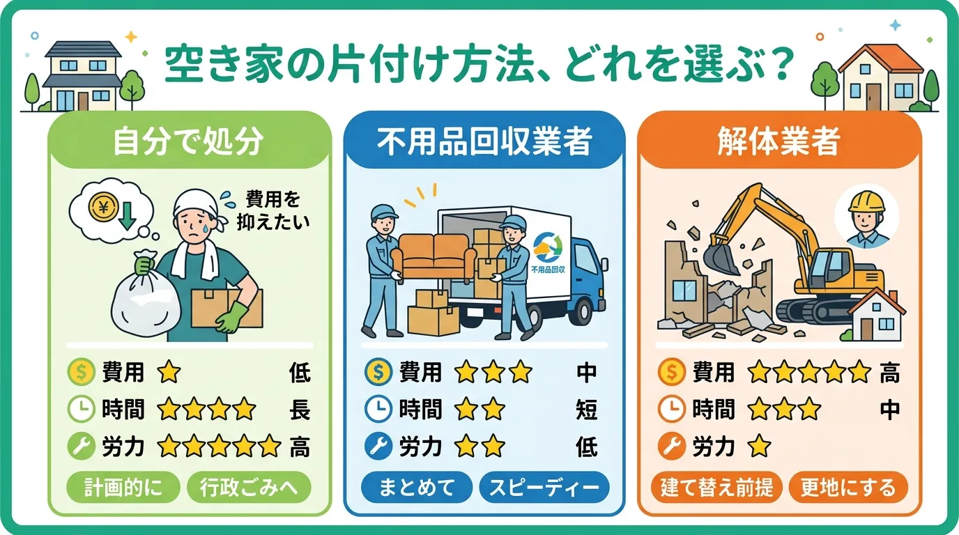 日本人と現代日本の風景, 空き家の片付け方法を選ぶインフォグラフィック。「自分で処分」「不用品回収業者」「解体業者」の3つの選択肢を比較する図解。各選択肢に、内容を表すシンプルなイラスト(汗をかく人、