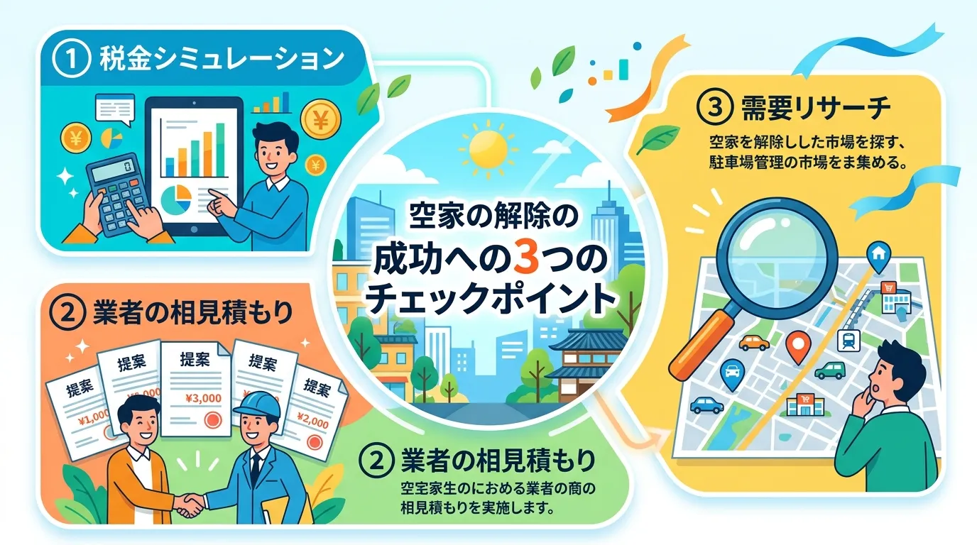 日本人と現代日本の風景, 「空き家解体から駐車場経営を成功させる3つの鍵」をテーマにしたインフォグラフィック。フラットデザインで明るい配色のデジタルイラスト。中央に「成功への3つのチェックポイント」と