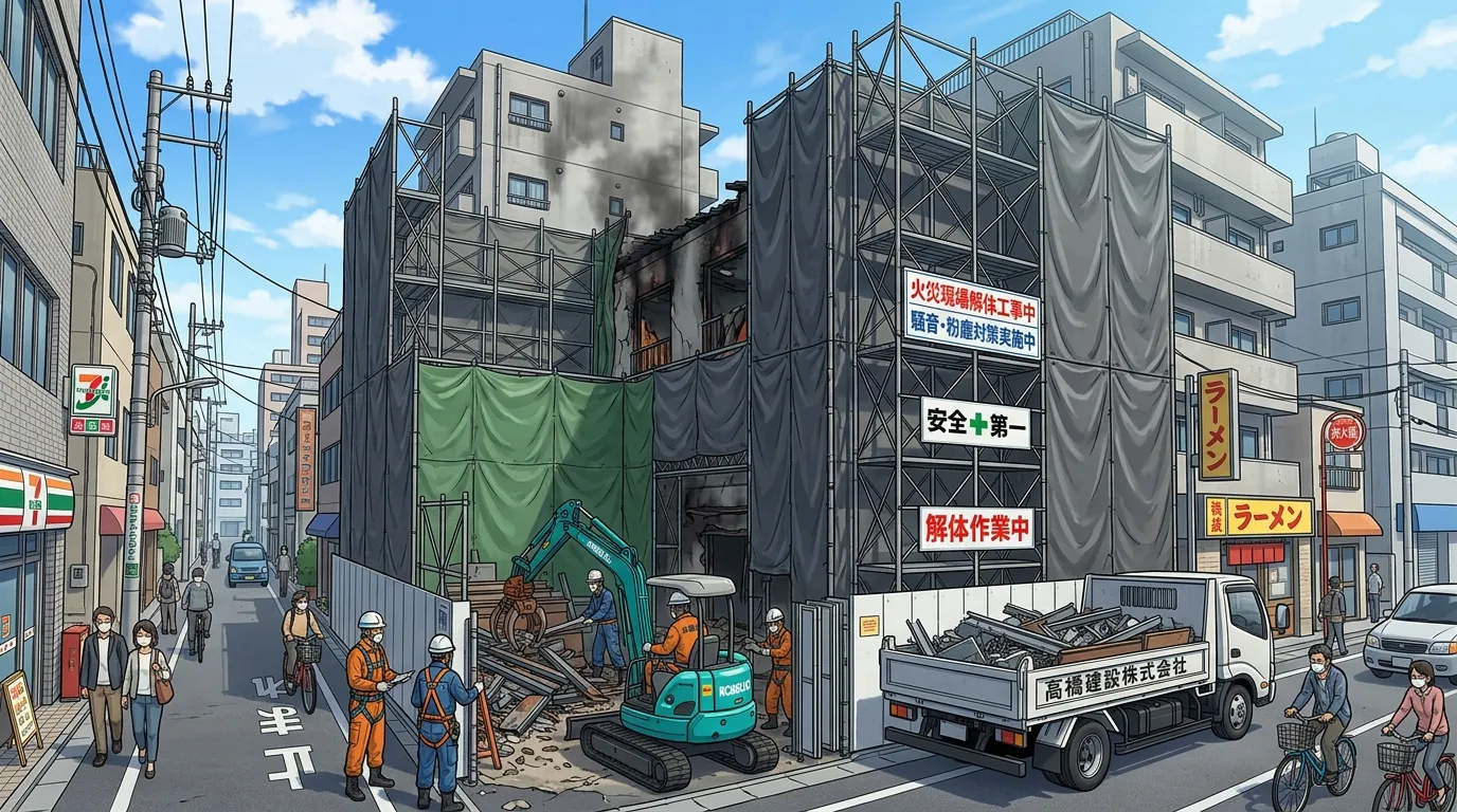 建物全体が防音・防臭シートで厳重に覆われている火災現場の解体工事の様子の写真]