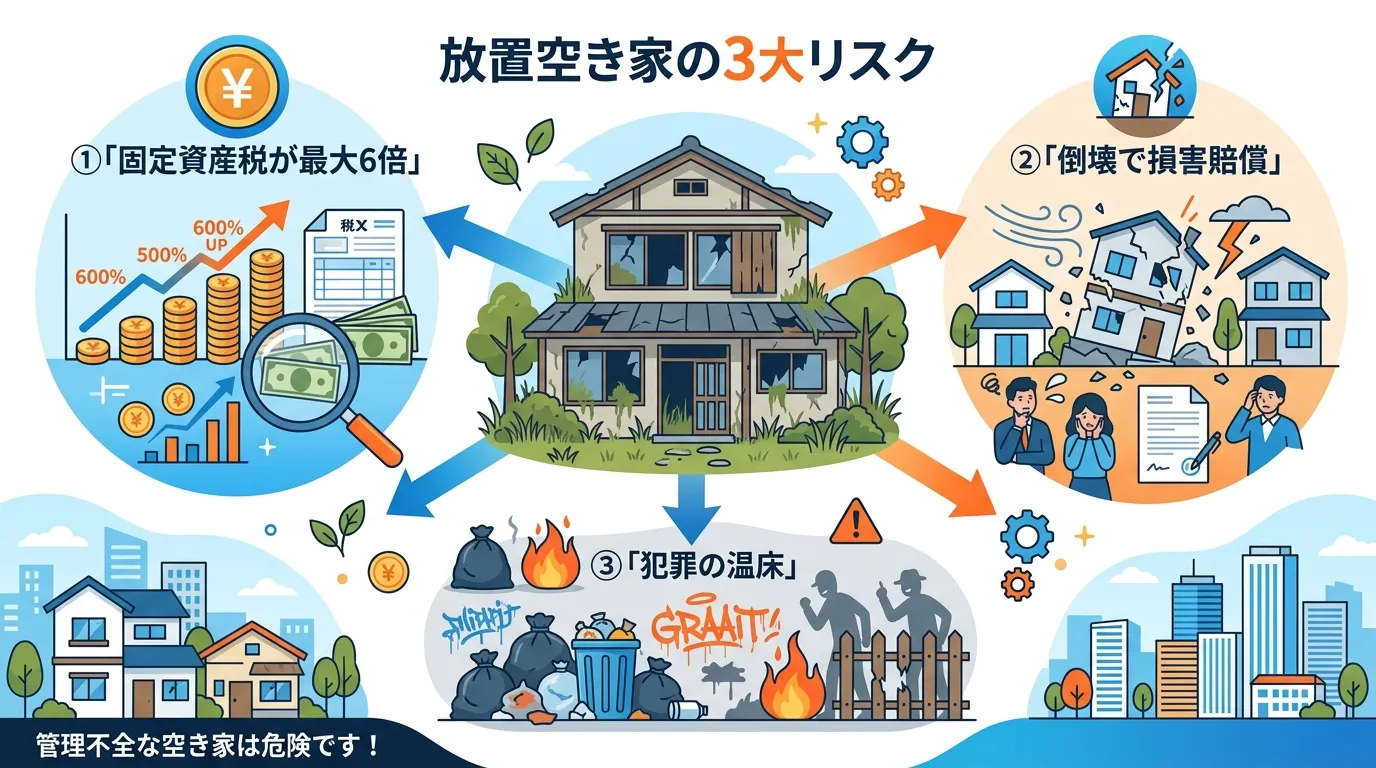 日本人と現代日本の風景, インフォグラフィック、フラットデザイン、デジタルイラスト。中央に「放置空き家の3大リスク」という見出しと、荒れ果てた家のイラストを配置。その家から3方向に矢印を伸ばし、①「固