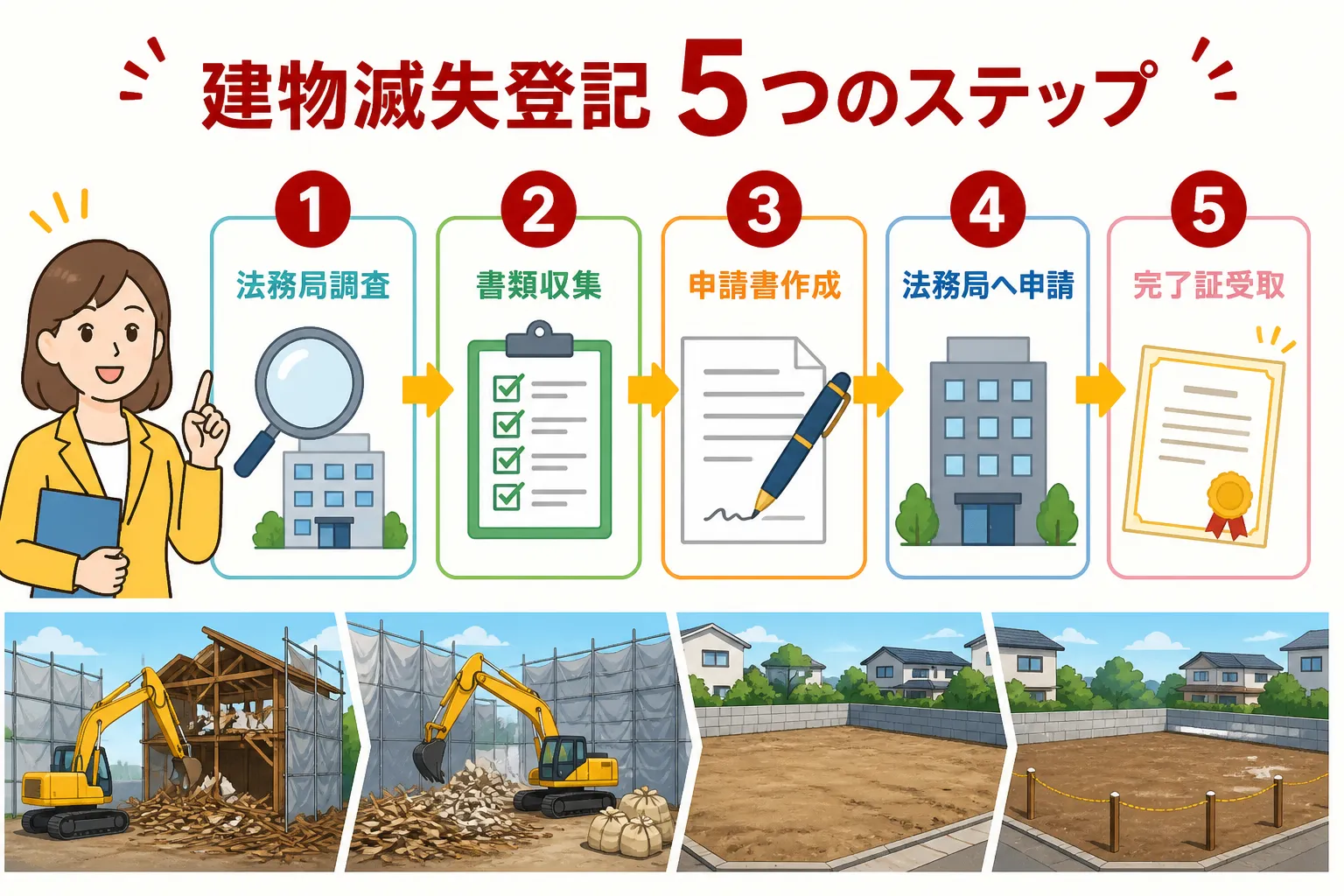 日本の木造住宅・空き家の解体現場を写実的に描いたビジュアル。重機・養生シート・整地後の更地など。基調色は #9a0300。実在する企業のロゴ・看板・車体・人物の顔は描かない。画像内に文字を入れない（図