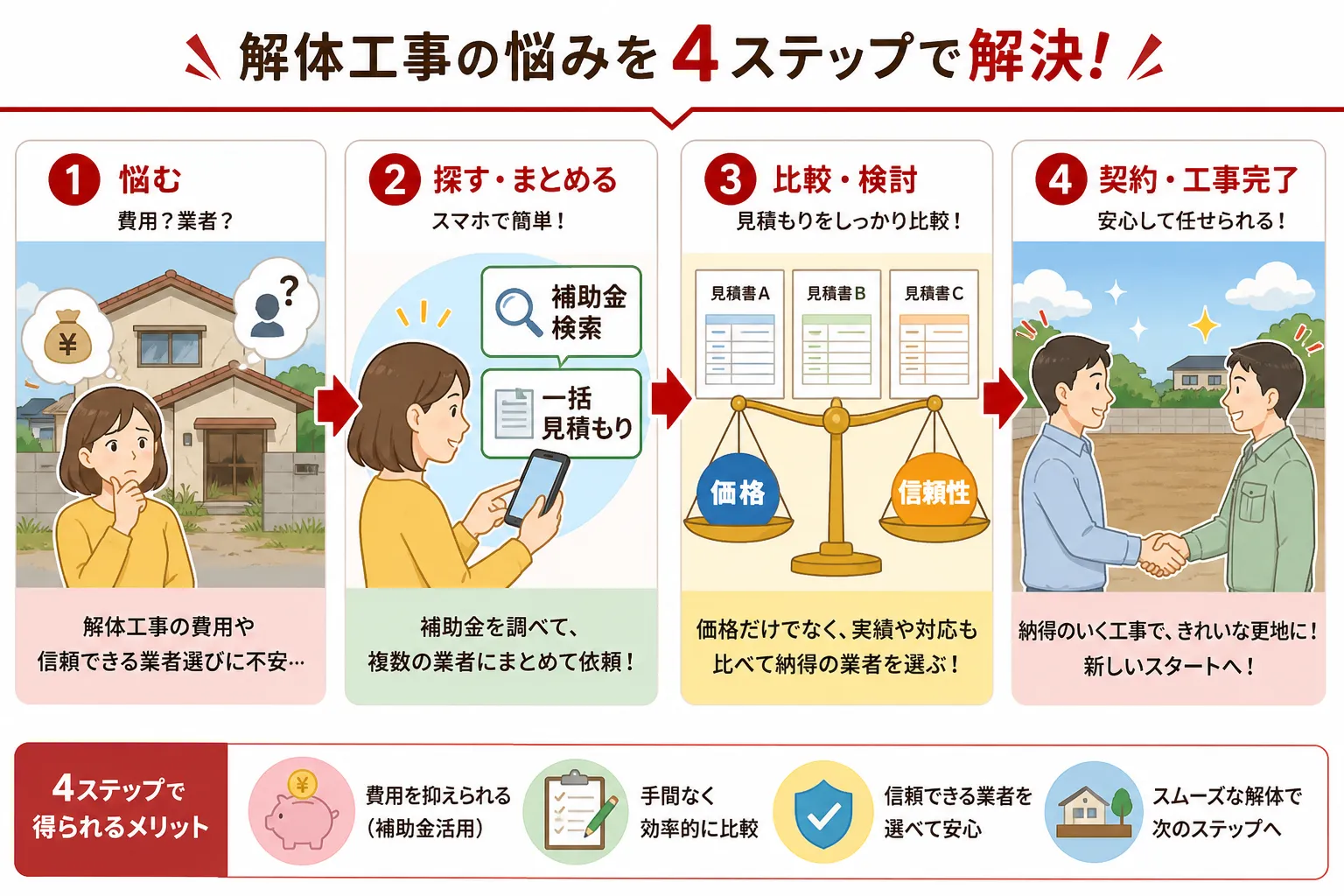日本の木造住宅・空き家の解体現場を写実的に描いたビジュアル。重機・養生シート・整地後の更地など。基調色は #9a0300。実在する企業のロゴ・看板・車体・人物の顔は描かない。画像内に文字を入れない（図