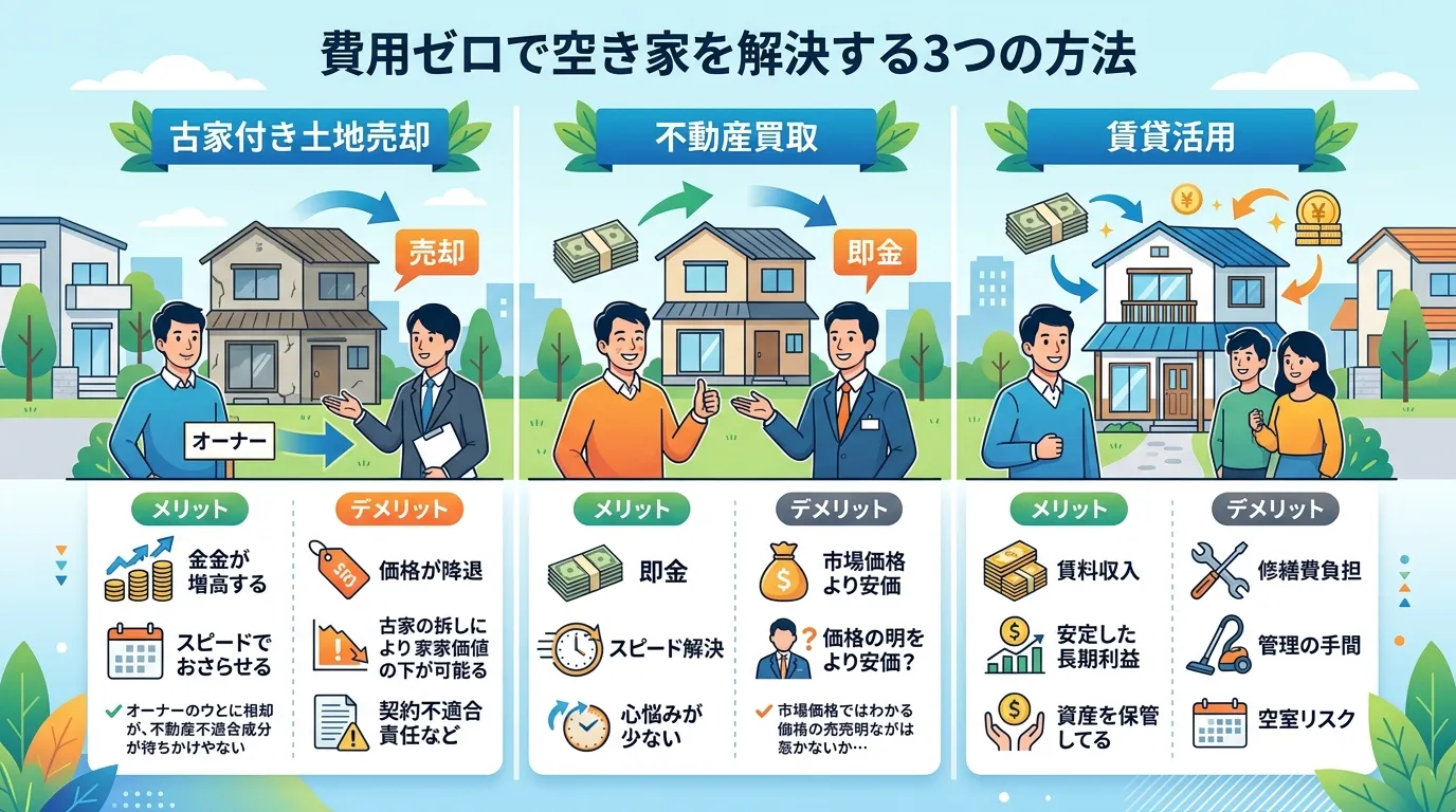 日本人と現代日本の風景, 「費用ゼロで空き家を解決する3つの方法」をテーマにしたインフォグラフィック。画面を3分割し、左から「古家付き土地売却」「不動産買取」「賃貸活用」を比較する。各項目に、方法を象