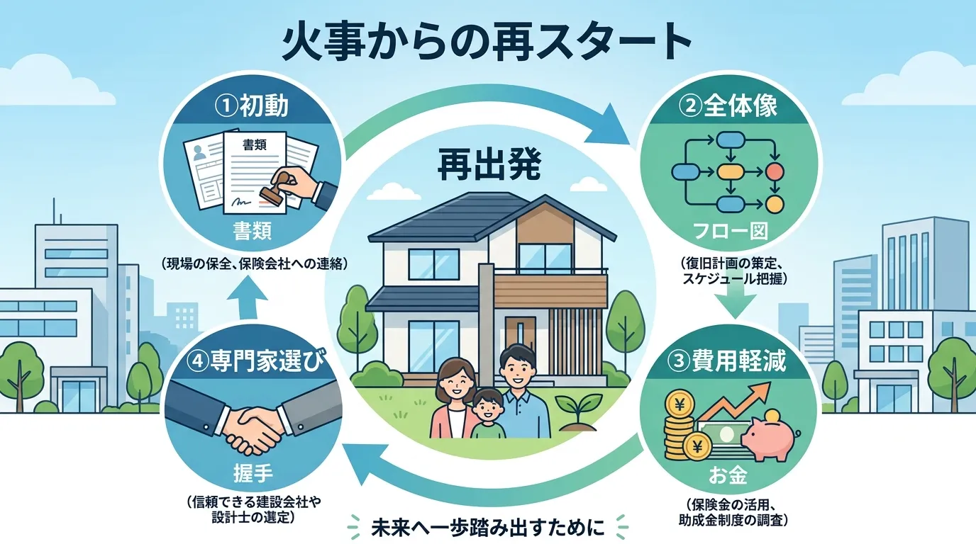 日本人と現代日本の風景, 「火事からの再スタート」をテーマにしたインフォグラフィック。「再出発」を象徴する新しい家のイラストを中央に配置し、その周りを①〜④のステップが矢印で繋がるように円形にレイアウ
