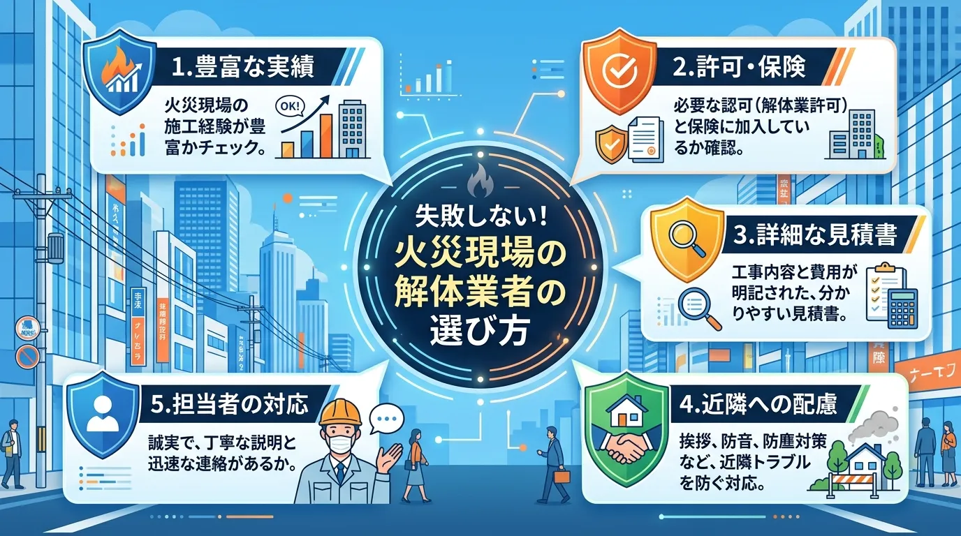 日本人と現代日本の風景, 「失敗しない！火災現場の解体業者の選び方」というタイトルのインフォグラフィック。中央のタイトルを囲むように、5つのチェックポイントを番号とアイコン付きで配置する。1.豊富な実
