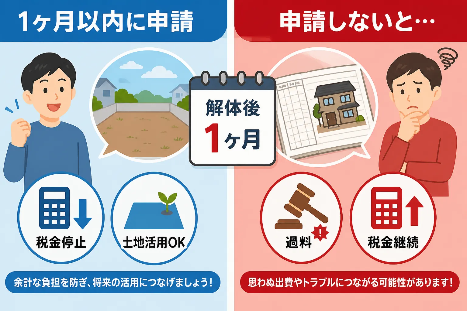 日本の木造住宅・空き家の解体現場を写実的に描いたビジュアル。重機・養生シート・整地後の更地など。基調色は #9a0300。実在する企業のロゴ・看板・車体・人物の顔は描かない。画像内に文字を入れない（図