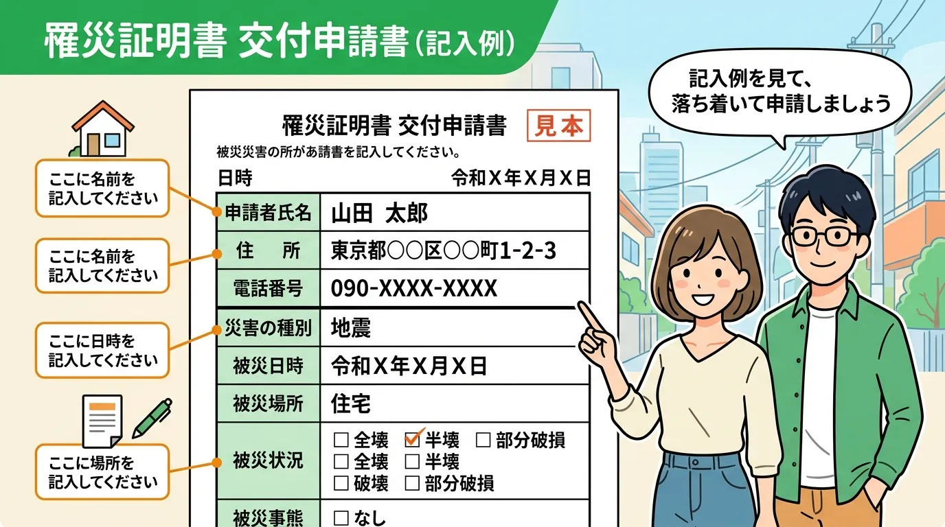 罹災証明書（または罹災届出証明書）の申請書の見本画像。記入例を示すことでユーザーの不安を軽減する。]