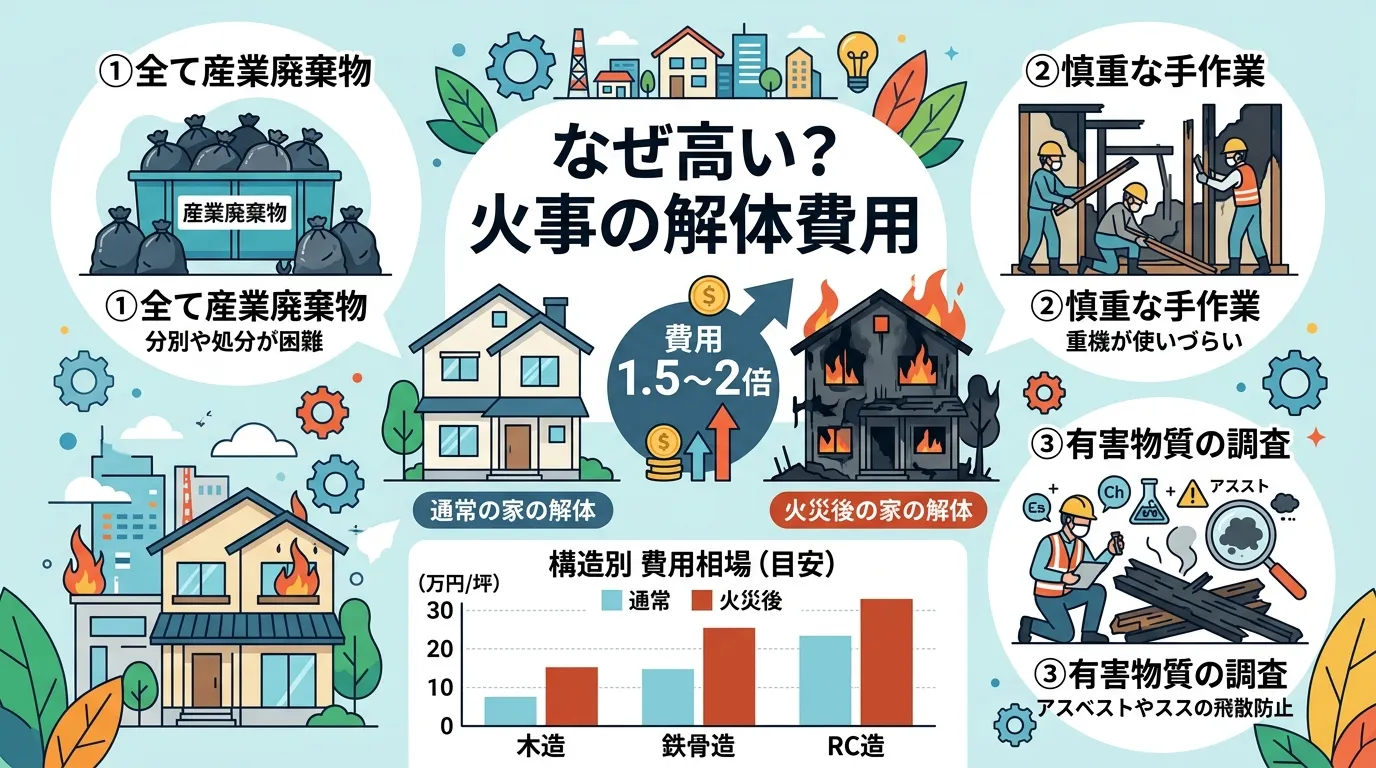 日本人と現代日本の風景, 「火事の解体費用」をテーマにしたインフォグラフィック画像。中央に「なぜ高い？火事の解体費用」というタイトルを配置。通常の家と火事で黒く焼けた家を比較し「費用1.5〜2倍」と強