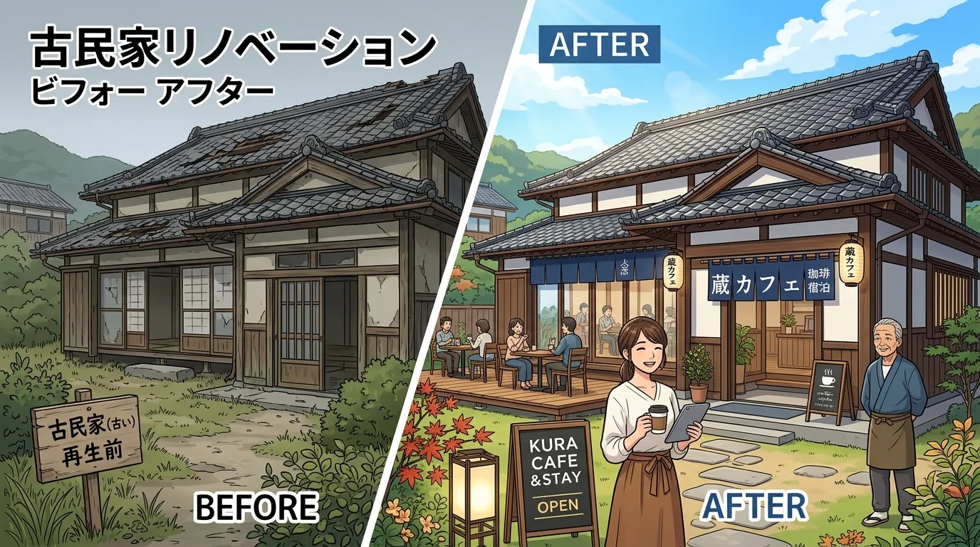 古民家がリノベーションによってお洒落なカフェや宿泊施設に生まれ変わった様子のビフォーアフター写真]