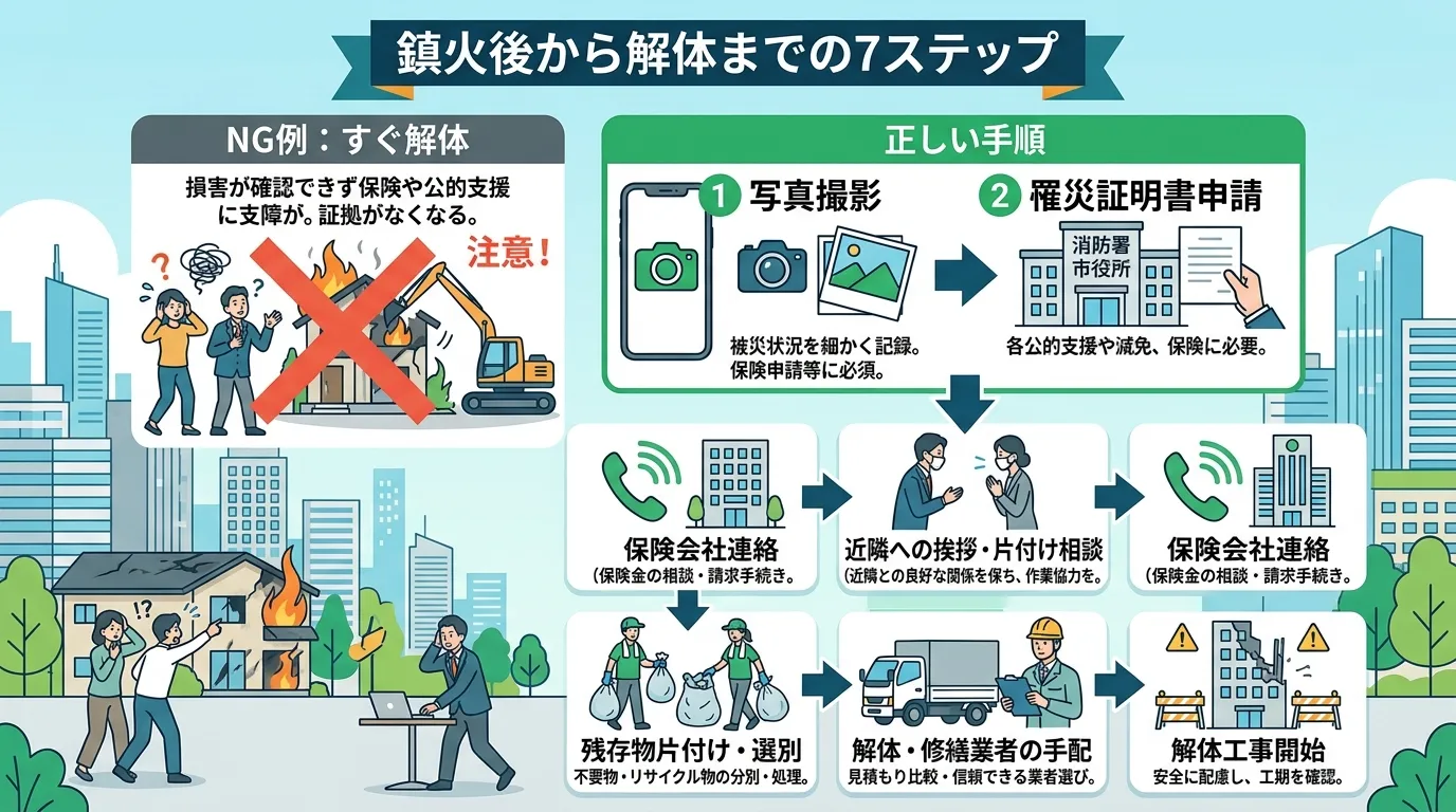 日本人と現代日本の風景, 「火事の後の正しい手順」をテーマにしたインフォグラフィック。ステップ形式のフローチャートで、上部に「鎮火後から解体までの7ステップ」とタイトルを配置。左に「NG例：すぐ解体」