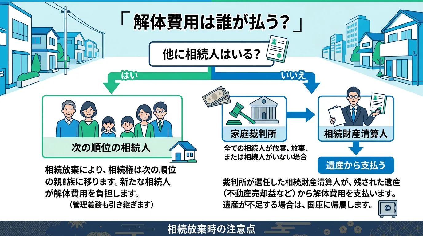 日本人と現代日本の風景, 相続放棄した空き家の解体費用負担者を解説する、日本語のインフォグラフィック。フローチャート形式で、中央に「解体費用は誰が払う？」とタイトルを配置。「他に相続人はいる？」という