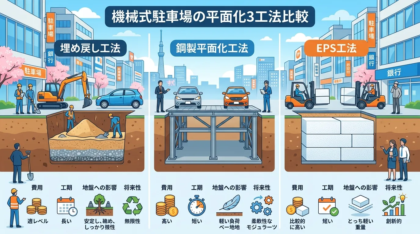 日本人と現代日本の風景, 機械式駐車場の平面化3工法を比較するインフォグラフィック。「埋め戻し工法」「鋼製平面化工法」「EPS工法」を3分割で並べ、各工法の仕組みがわかるシンプルな断面図イラストを配置