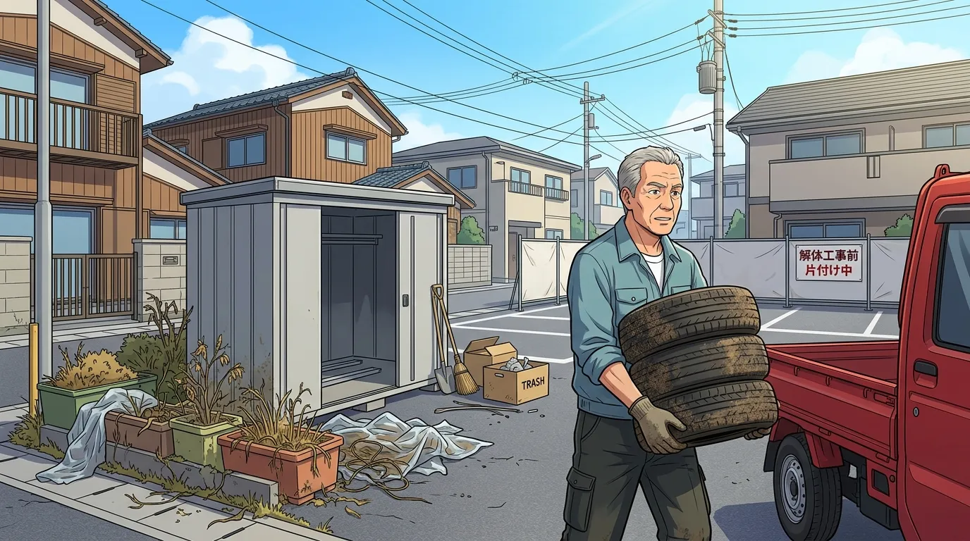 解体前に自分で片付けられる駐車場内の不用品（古いタイヤ、放置されたプランター、小さな物置など）のイメージ写真]