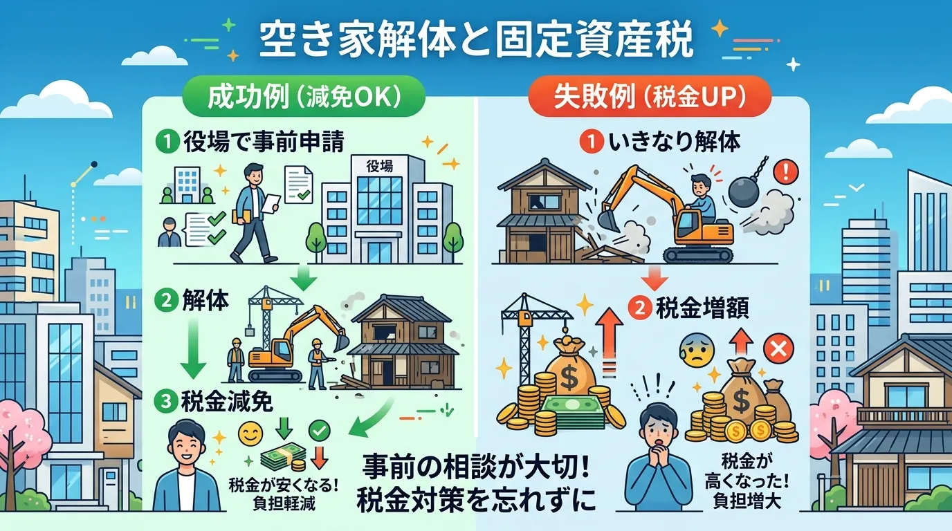 日本人と現代日本の風景, 「空き家解体と固定資産税」がテーマのインフォグラフィック。左右分割で「成功例（減免OK）」と「失敗例（税金UP）」のフローを比較。左の成功例は①役場で事前申請&rarr;②解体&rarr;③税金