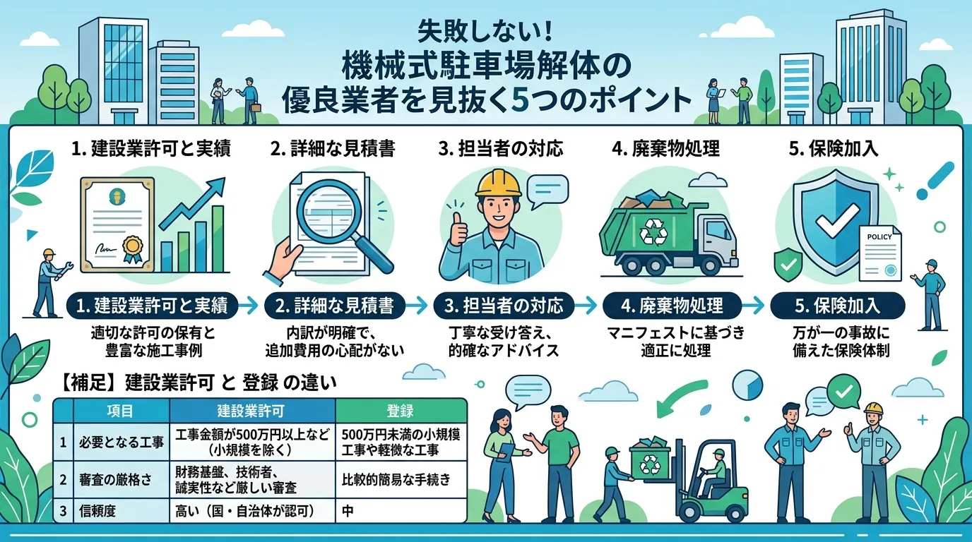 日本人と現代日本の風景, 「失敗しない！機械式駐車場解体の優良業者を見抜く5つのポイント」というタイトルのインフォグラフィック。番号付きアイコンが並ぶステップ図で、1.建設業許可と実績（許可証とグラフ