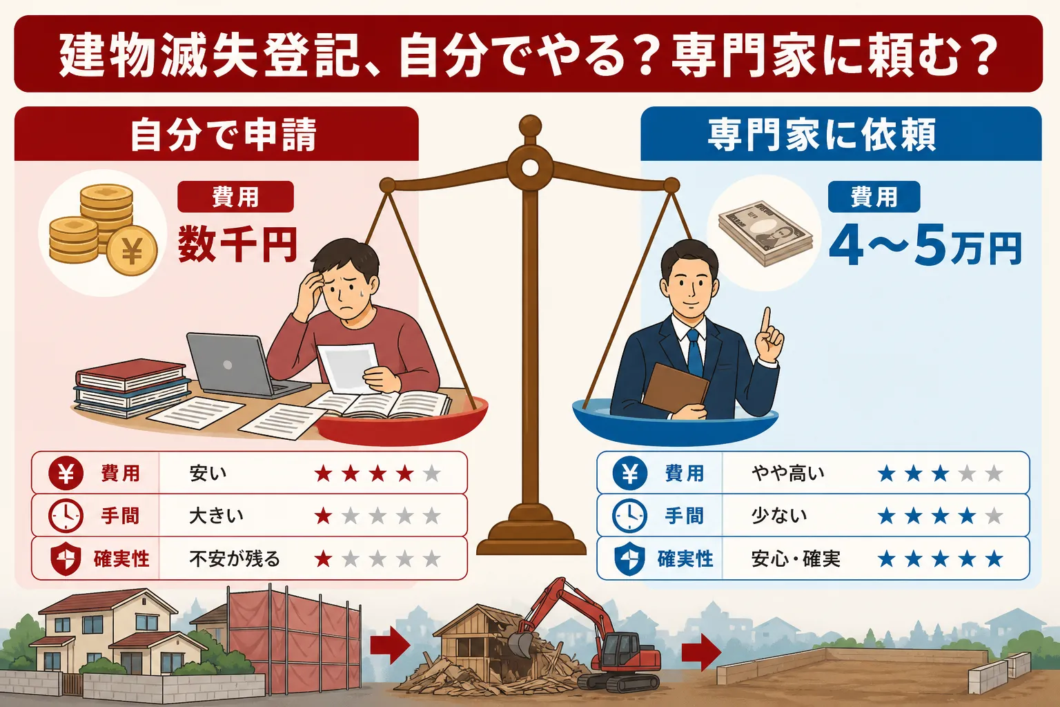 日本の木造住宅・空き家の解体現場を写実的に描いたビジュアル。重機・養生シート・整地後の更地など。基調色は #9a0300。実在する企業のロゴ・看板・車体・人物の顔は描かない。画像内に文字を入れない（図