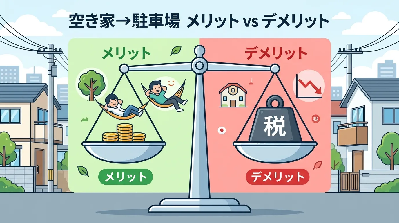 日本人と現代日本の風景, 空き家を解体して駐車場にするメリットとデメリットを比較するインフォグラフィック。中央に置かれた天秤の左皿に「メリット」として少ないコインの山とハンモックでくつろぐ人のアイコン