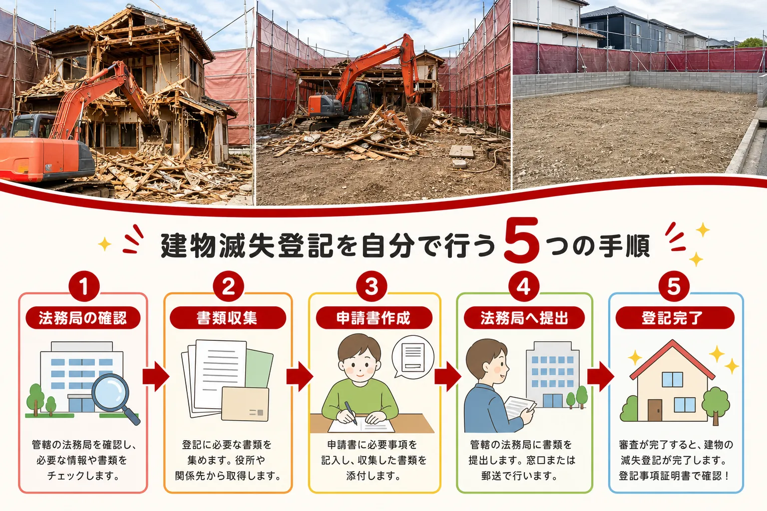 日本の木造住宅・空き家の解体現場を写実的に描いたビジュアル。重機・養生シート・整地後の更地など。基調色は #9a0300。実在する企業のロゴ・看板・車体・人物の顔は描かない。画像内に文字を入れない(図