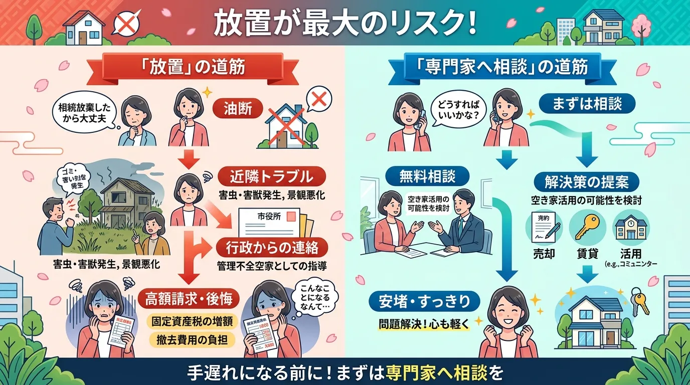 日本人と現代日本の風景, 空き家問題をテーマにしたインフォグラフィック。画面を左右に分割した比較フロー図。左側は「放置」の道筋で、困った表情の人物が「相続放棄したから大丈夫」と油断&rarr;近隣トラブルや行政