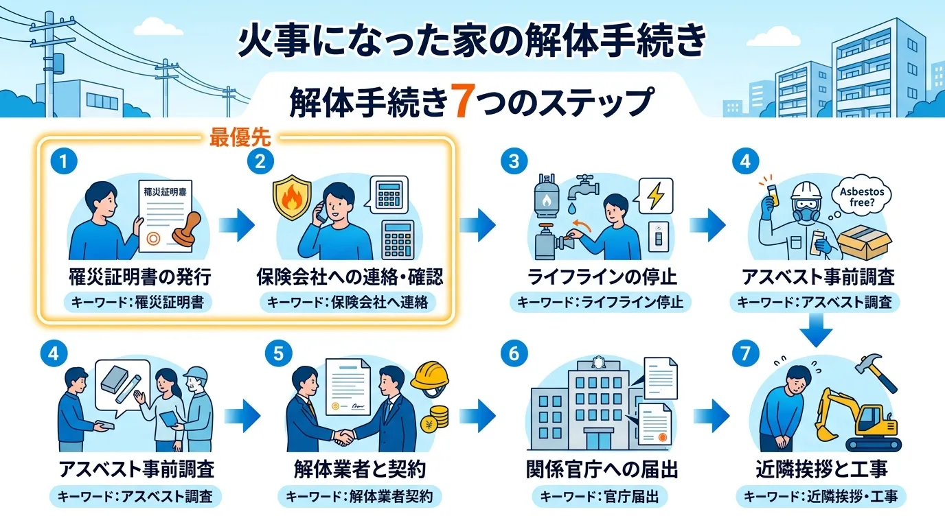 日本人と現代日本の風景, 「火事になった家の解体手続き」をテーマにしたインフォグラフィック。中央に「解体手続き7つのステップ」というタイトルを配置し、1から7までのステップを矢印で繋いだフロー図。各ス