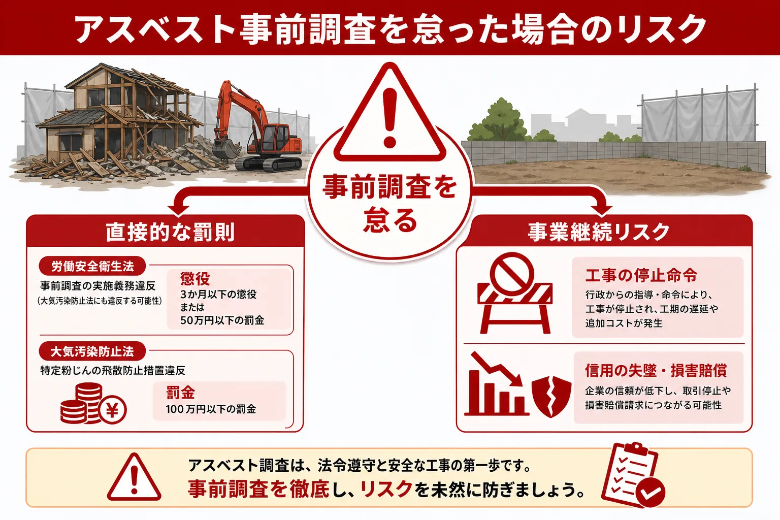 日本の木造住宅・空き家の解体現場を写実的に描いたビジュアル。重機・養生シート・整地後の更地など。基調色は #9a0300。実在する企業のロゴ・看板・車体・人物の顔は描かない。画像内に文字を入れない（図