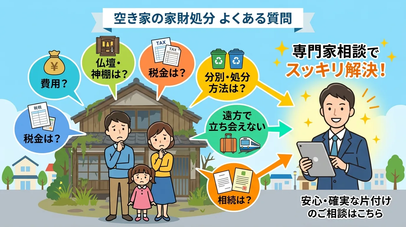 日本人と現代日本の風景, 「空き家の家財処分 よくある質問」をテーマにしたインフォグラフィック。フラットデザインの明るいデジタルイラスト。中央に空き家の前で困り顔の家族。家族から「費用?」「仏壇・神棚