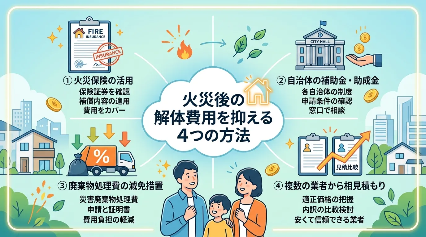 日本人と現代日本の風景, 「火災後の解体費用を抑える4つの方法」をテーマにしたインフォグラフィック。中央にタイトルを配置し、放射状に4つの方法をアイコン付きで説明する。①火災保険（保険証券のアイコン）