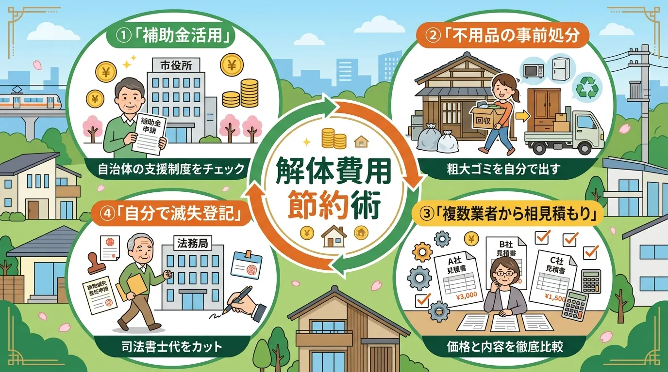 日本人と現代日本の風景, 「空き家の解体費用を安くする4つの方法」をテーマにしたインフォグラフィック。中央に「解体費用 節約術」というタイトルを配置し、その周りに①「補助金活用」（役所とお金のアイコン